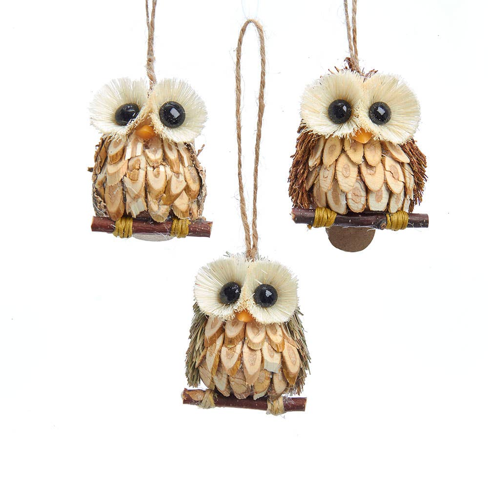 2.4"WOOD & SISAL OWL ORNAMENT 3/ASSTD