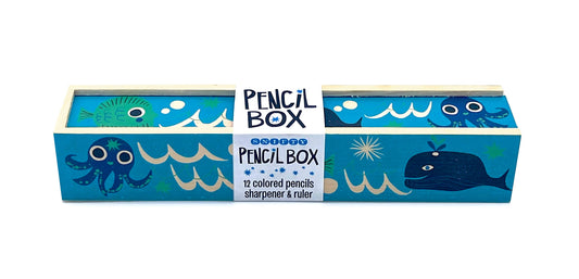 WOODEN PENCIL BOX + COLORED PENCILS - OCEAN FRIENDS