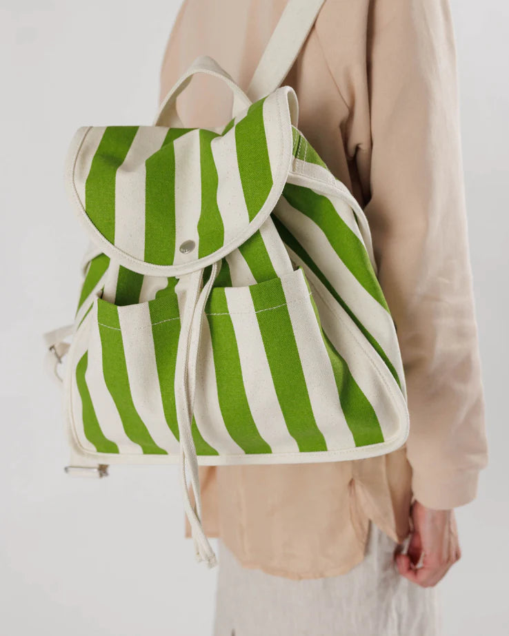 Drawstring Backpack-  Green Awning Stripe