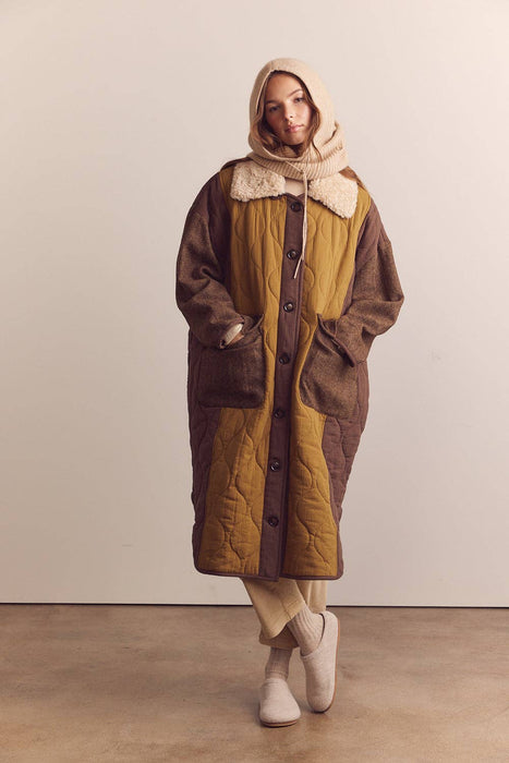 Patch Quilted Wool Blend Coat