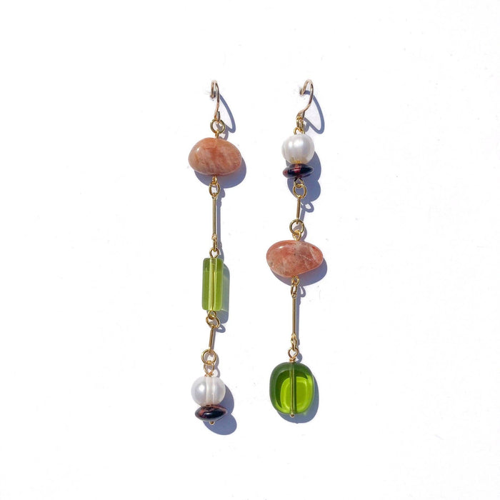 Sunstone, Pearl, Mahogany Obsidian, Glass Earrings