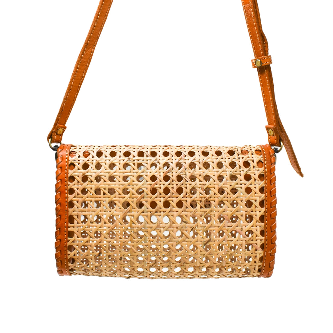 Ainsley Cane and Leather Crossbody Bag in Camel